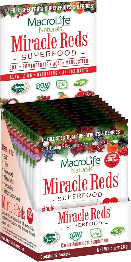 MacroLife Naturals Miracle Reds Superfood Supplement Powder Antioxidants Polyphenols Enzymes Probiotics - Raw Non-GMO Organic Vegan Gluten & Dairy Free (12 Packet)
