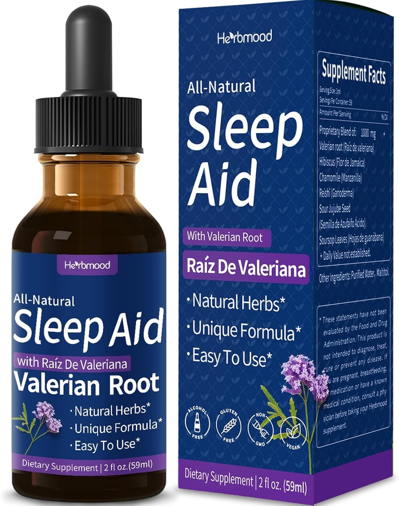 Valerian Root Sleep Support Drops, Gotas de Manzanilla y Flor de ジャマイカ y Valeriana para Dormir Profundamente, All-Nature Herbal Extract Liquid with Hibiscus & Chamomile. 2オンス