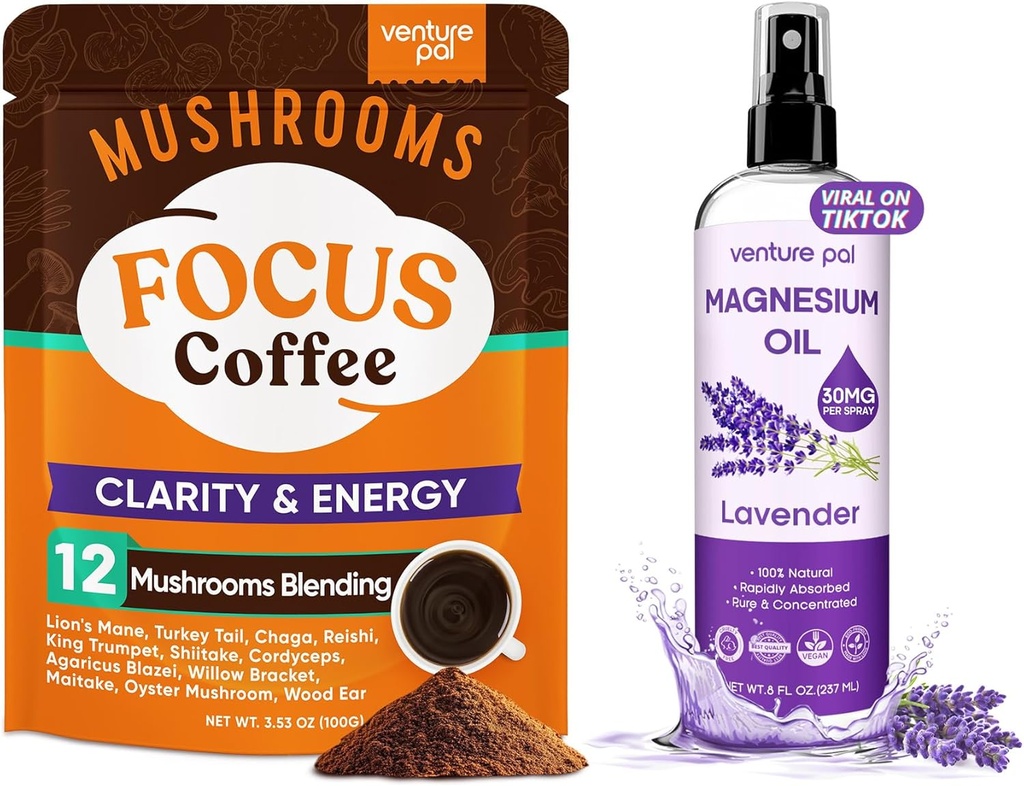 Venture Pal Mushroom Coffee & Magnesium Oil Spray Bundle: 12 in 1 Coffee with Ashwagandha for Focus & Immunity + Magnesium Oil Spray with Lavender for Sleep & Muscle Relief - 40 Servings & 8 oz
