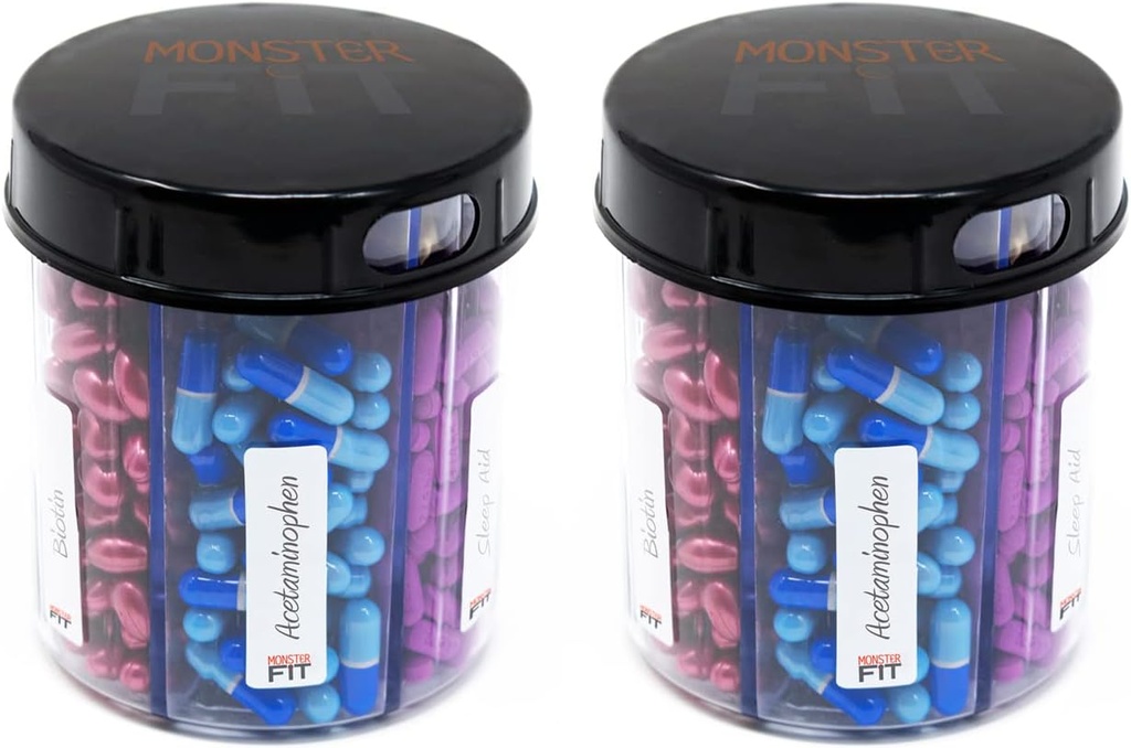 ラベル付きモンスターJrサプリメントピルディスペンサー - 小さな媒体の薬用ビタミンを保有し、1つの容器から簡単に分配するコンパートメントラベル(モンスターJr - 2パック)