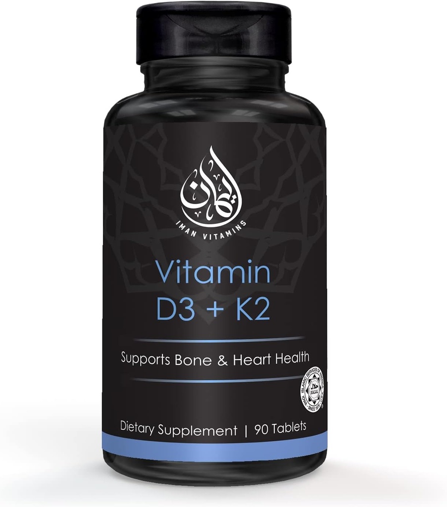 Halal Vitamin D3 with K2 Chewable Tablets - Vitamin D 2000 iu + Menaquinone-7 (MK7) | Supports Heart Health, Bones, and Muscles Health | 90 Count for Men and Women