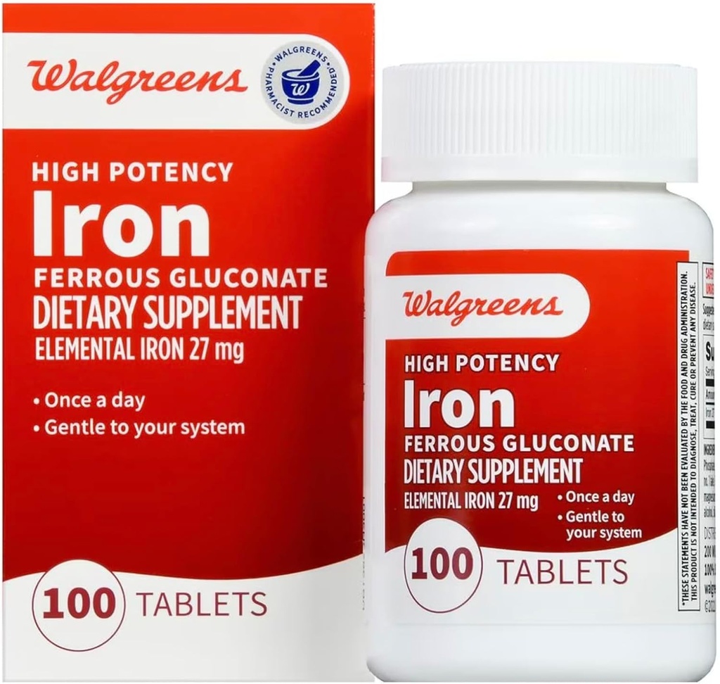 Walgreensの高い効力の鉄の鉄の鉄のGluconate 27mgのタブレット、100 ea