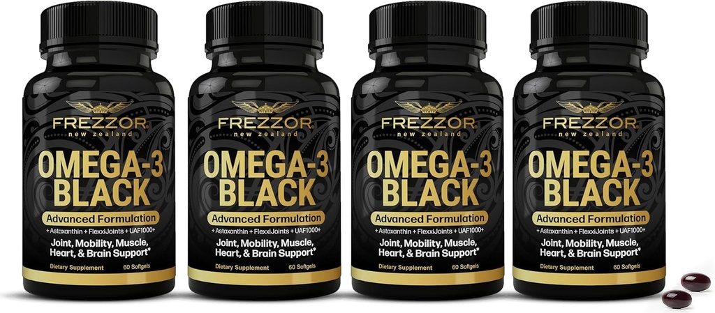 FREZZORオメガ3ブラック - ニュージーランド、UAF1000 +、炎症、関節ケア&リリーフ、心臓&免疫サポート、60カウント(パッケージ4)