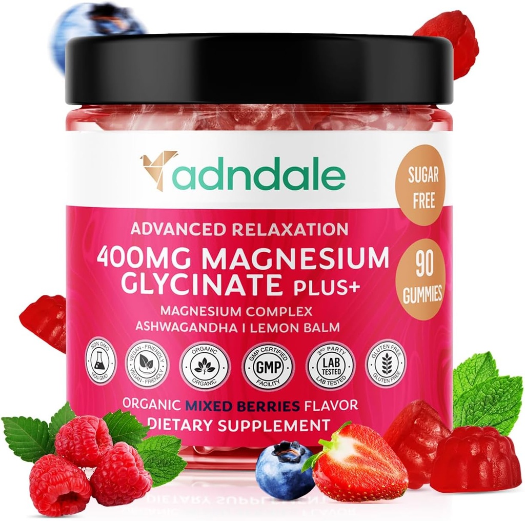 Adndale 90 CT のマグネシウムのグリシナートのグミ 400 の mg/Serv と Ashwagandha のマグネシウムの無光沢、大人及び子供のための砂糖の自由な咀嚼。