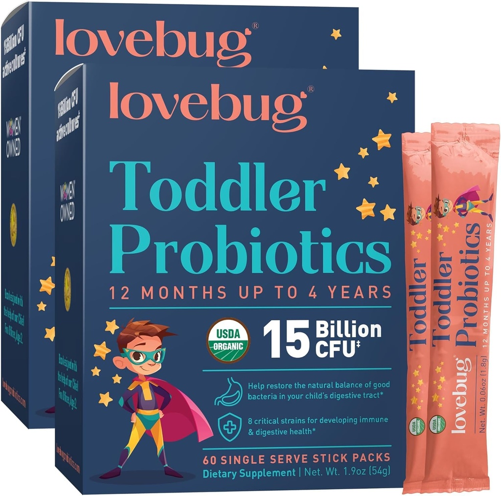 LOVEBUGキッズプロバイオティックパウダープレバイオティックファイバー - トドル免疫サポート&便秘救済 - 子供のためのUSDAオーガニックプロバイオティクスグアット&消化器の健康(エイジ1-4) - 60パック(未熟)