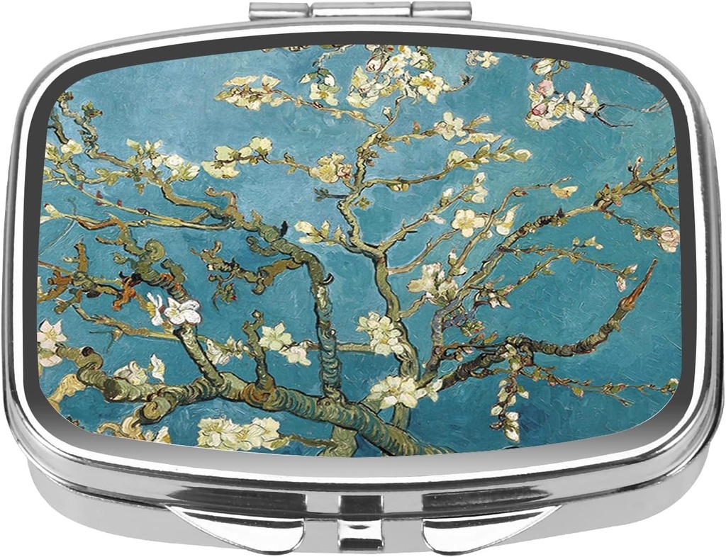 Dynippy Pill Case Pill Box with Mirror Retro Pocket 2 Compartment Medicine Case ビタミン Pill オルガナイザー for Pocket Purse and Travel (シルバー アーモンドブロッサム)