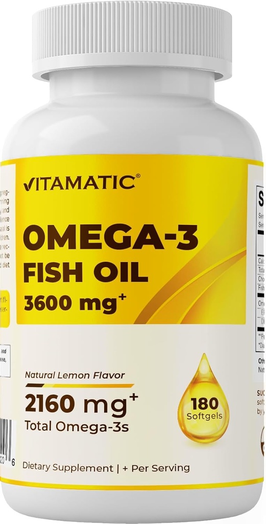 Vitamaticの三重力のオメガ3の魚油サービングごとの3600mg、2160mg Omega 3脂肪酸、1296mg EPA + 864mg DHAのBurblessレモン味、180のSoftgels