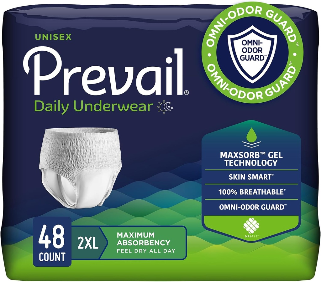 Prevail Daily Protective Underwear - Unisex Adult Incontinence Underwear - Disposable Adult Diaper for Men & Women - Maximum Absorbency - XX-Large - 12 Count (Pack of 4)