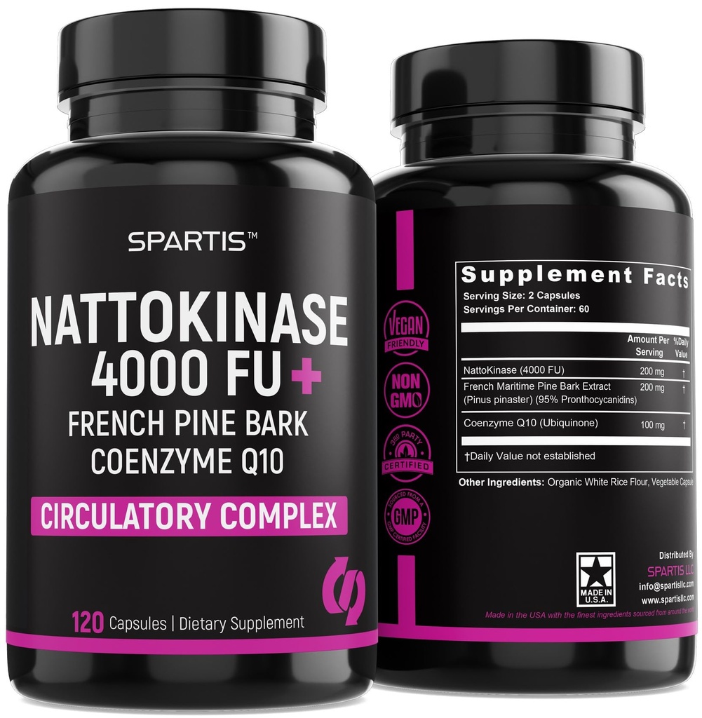 Nattokinaseの補足4000 FU CoQ10 100mgのフランスのマリタイムのパインの樹皮のエキス200mgの循環及び心臓血管サポートのための酵素と(120-Capsの1のパック)