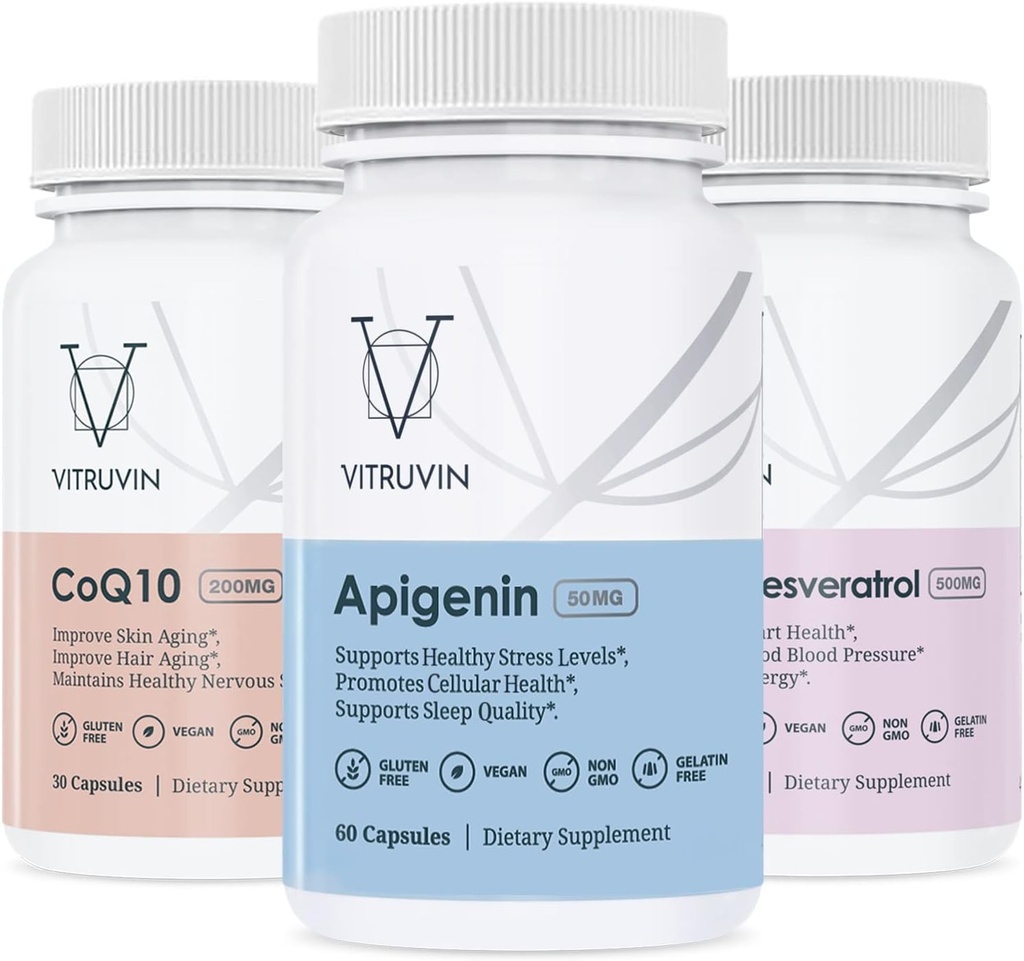 Vitruvinのスポーツの回復(Apigenin 2 x 50mg、COQ10 200mg、Resveratrol 500mg)ビーガン、非GMO、グルテンフリー、ゼラチンフリー。