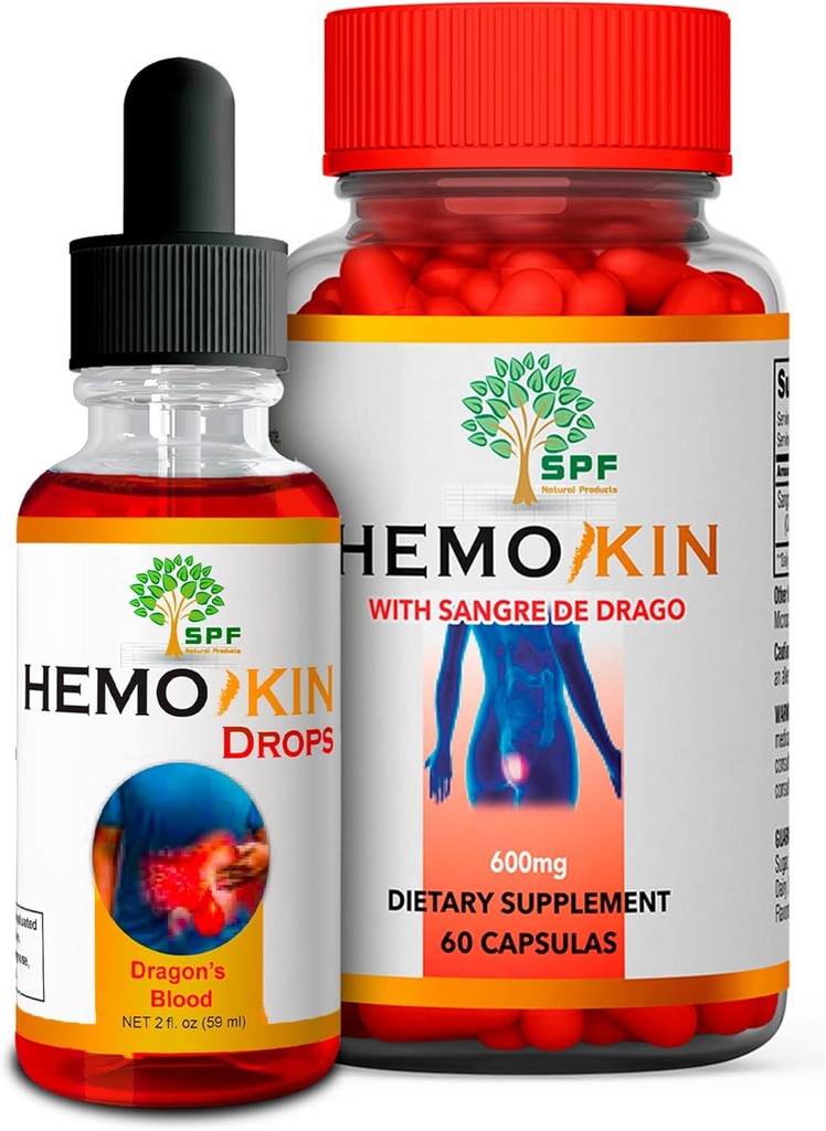 エルモキンカプセル&SPF HEMOKINがサングレ・デ・ドラゴとドロップ | 痔疾・火災・傷の軽減 | かゆみ・腫れ・痛みの軽減 | 消化の健康・癒やすサポート | 60キャップ + 2オズ