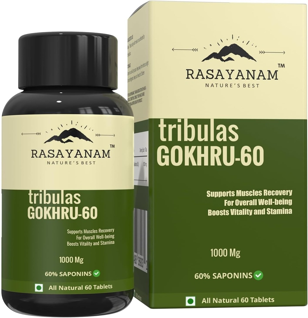 Generic Tribulas Gokhru-60 Gokshura Tablets 1000mg | Ultra High Concentrated 60% Saponins | Improves Vigour | Tribulus Terrestris | for Both Men &amp; Women (60 Tablets) (1)