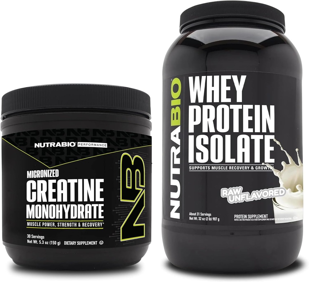 NutraBioクレアチンモノハイドレート、アンフレーバー、150gとウィープロテインアイソレート、アンフレーバー、サプリメントバンドル - 筋肉エネルギー、リーンマッスル成長、回復、強度