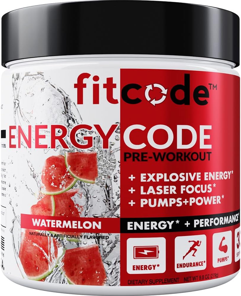 フィットコード EnergyCode - クレアチンパウダーとプレワークアウト - エネルギー&パフォーマンスドリンク - 筋肉の強度と耐久性のサプリメント - カフェインが含まれています - 30のサービング - ウォーターメロン