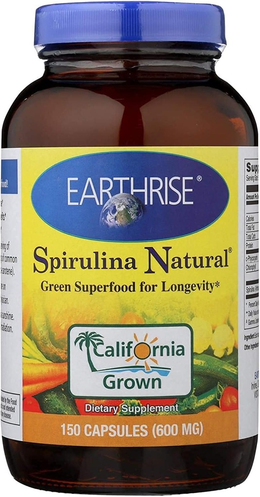 Earthrise Spirulina ナチュラル 600 mg -150 カプセル, カリフォルニアから天然プレミアム スピリナ - ビーガン, グルテンフリー, ケトフレンドリー, ビタミン&ミネラルの高い非GMOスーパーフード.