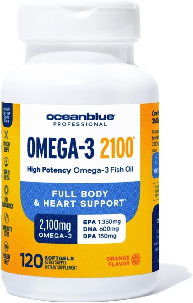 Oceanblue の専門のオメガ-3 2100-120 ct - EPA、DHA 及び DPA - ワイルド キャッチ - オレンジ味、60 のサービングが付いている高いチャンスの三重の強さのバープレスの魚油