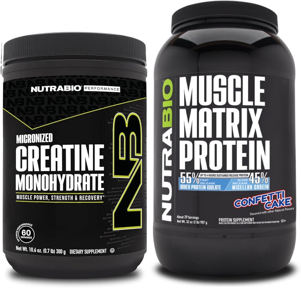 NutraBio Creatine Monohydrate, Unflavored, (300 g) and Muscle Matrix Protein Powder, (Confetti Cake) Supplement Bundle – Muscle Energy, Maximum Growth, Recovery, and Strength