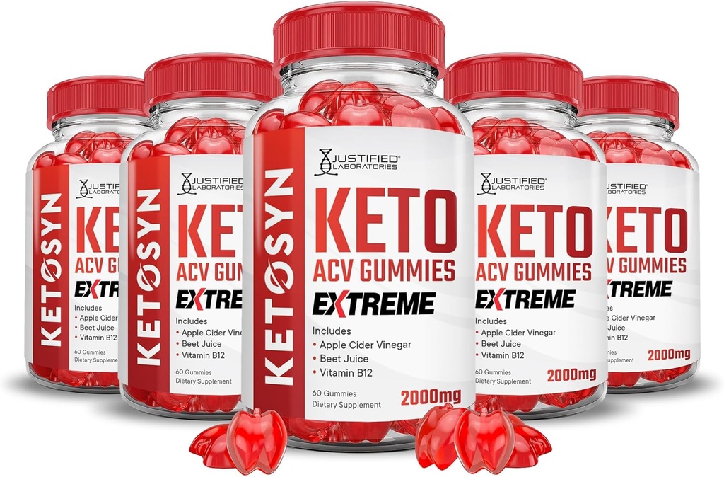 Justified Laboratories (5 Pack Ketosyn Keto ACV Gummies Extreme 2000MG Ketosyn Keto Gummies Apple Cider Vinegar Formulated with Pomegranate Beet Juice Powder B12 Vegan Non GMO 300 Gummys
