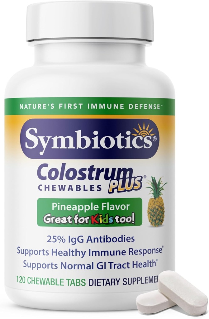 Symbiotics Colostrum 120ct Chewables Plus - 大人と子供のための免疫サポート - Lactoferrinサプリメント&Colostrumプロテイン - ダイジェクションとガットをサポート - 25% lgG抗体、グルテンフリー - パイナップル