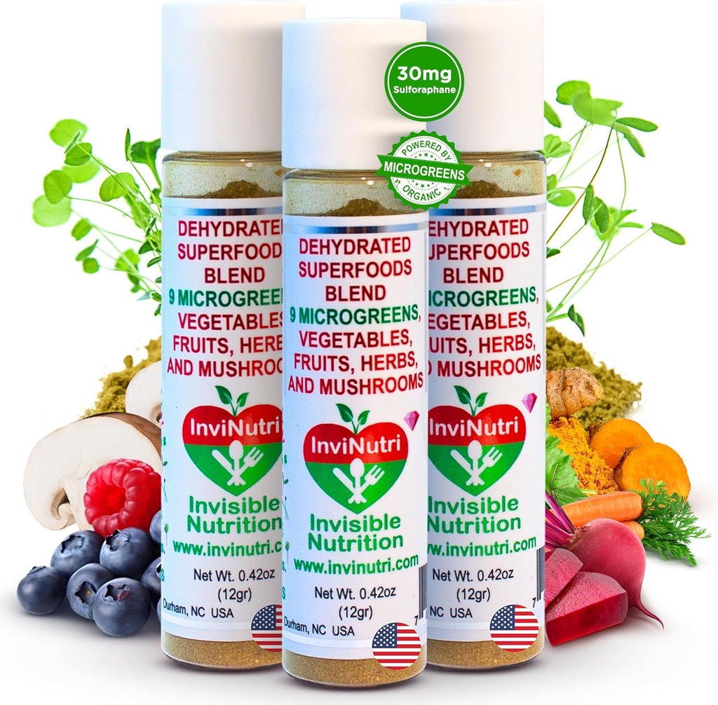 InviNutri Superfood Powder for Picky Eaters – Unflavoured, Sensory-Friendly – 40x Nutrient-Rich, 30mg Sulforaphane – Organic Microgreens, Fruits & Veggies – Blends Invisibly Into Most Meals - 72 serv.