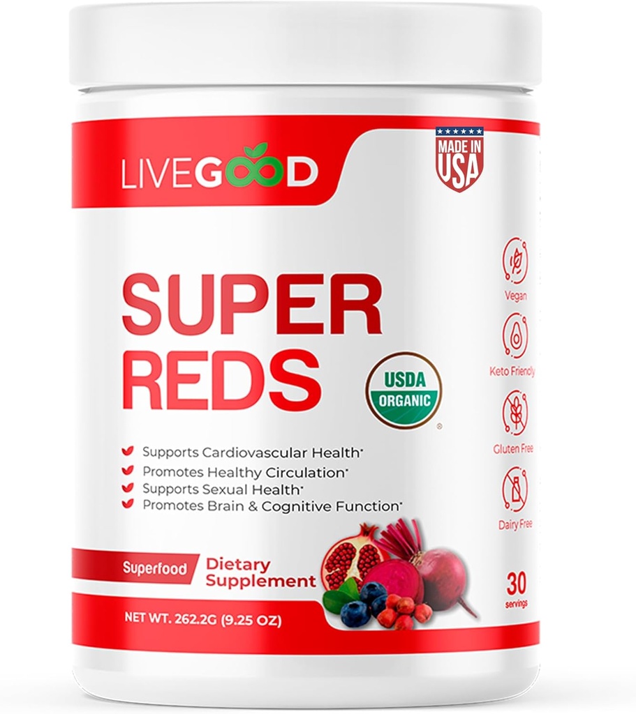 LIVEGOOD™ Organic Super Reds with Alfalfa, Barley Grass, Beet Root, Pomegranite, Grape Seed, Vegan, Gluten Free, 9.25 Oz