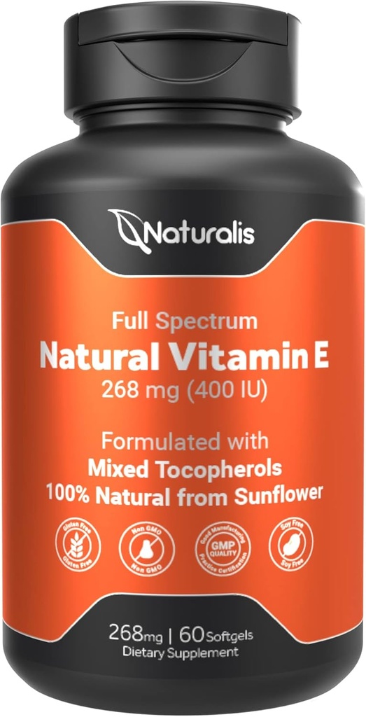 ミックストコフェロール配合のNaturariis Sunflower Vitamin E 268mg(400 IU) | エッセンシャルスキンビタミン&免疫サポート | 非GMO、大豆&グルテンフリー | 60 Softgels