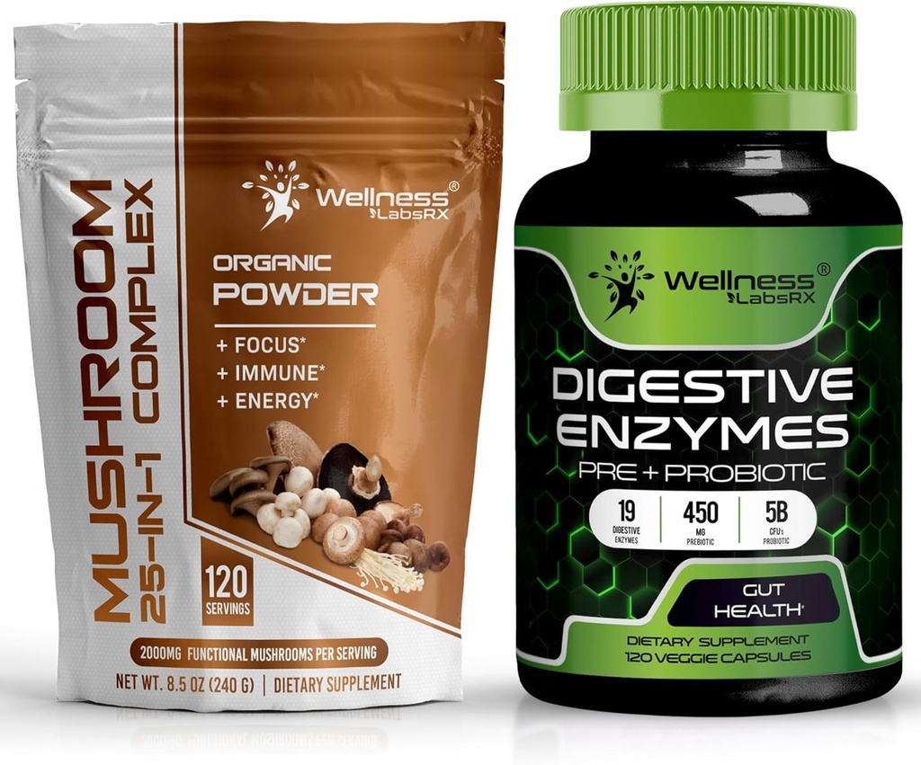 WELLNESS LABSRX Mushroom Powder 2000mg - Digestive Enzymes with Probiotics and Prebiotics