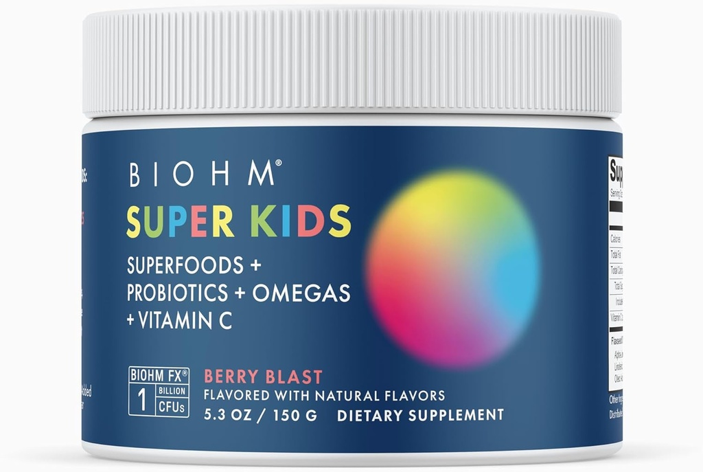 BIOHMスーパーキッズスーパーフードパウダープラスプロバイオティクス、(5.3 Oz、30サービング) おいしいベリーブラスト、抗酸化剤、オメガ3&ビタミンC、非GMO、乳製品無料、人工成分なし、ベジタリアン、年齢4 +