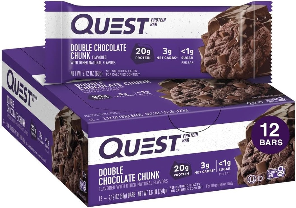 Questの栄養物の二重チョコレート チャンク蛋白質棒、20g蛋白質棒、1g砂糖、4g純炭水化物、グルテンフリー、Ketoの友好的、12の計算