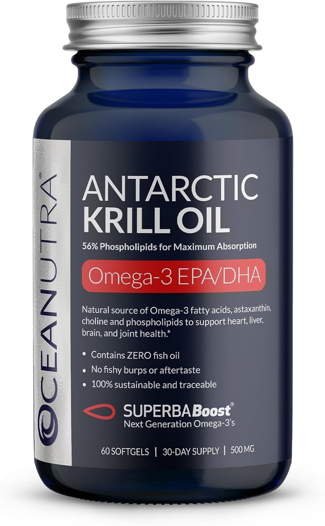 Wild Caught Antarctic Krill Oil 500MG, 60 Softgels, SuperbaBoost Omega 3 Supplement, EPA & DHA, Astaxanthin, Choline, 56% Phospholipids, Sustainable, Traceable, No Fish Oil, Vanilla Flavor