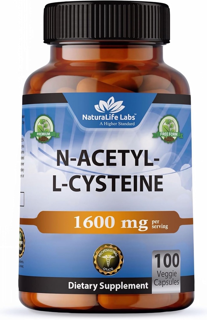 NaturaLife Labs N-Acetyl-L-Cysteine (NAC) 1600 mg – 100カプセル、非GMO&グルテンフリー