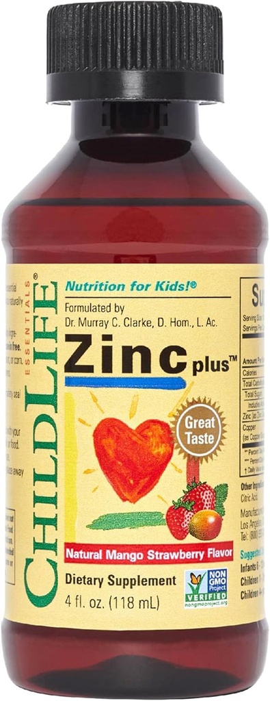 CHILDLIFE ESSENTIALS Liquid Zinc Plus for Kids & Toddler - Liquid Supplement Drops, Zinc Gluconate & Copper for Immune Support - Mango Strawberry, 4 Fl Oz (Pack of 1)
