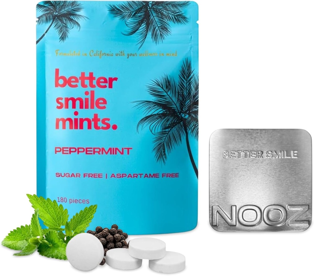 NOOZ Better Smile Mints – 180 カウント | 口腔健康とフレッシュブレスサポート | ガム&ティースケア | 砂糖フリー・アスパルテームフリー | ピーマン風味 | プレミアム補充缶