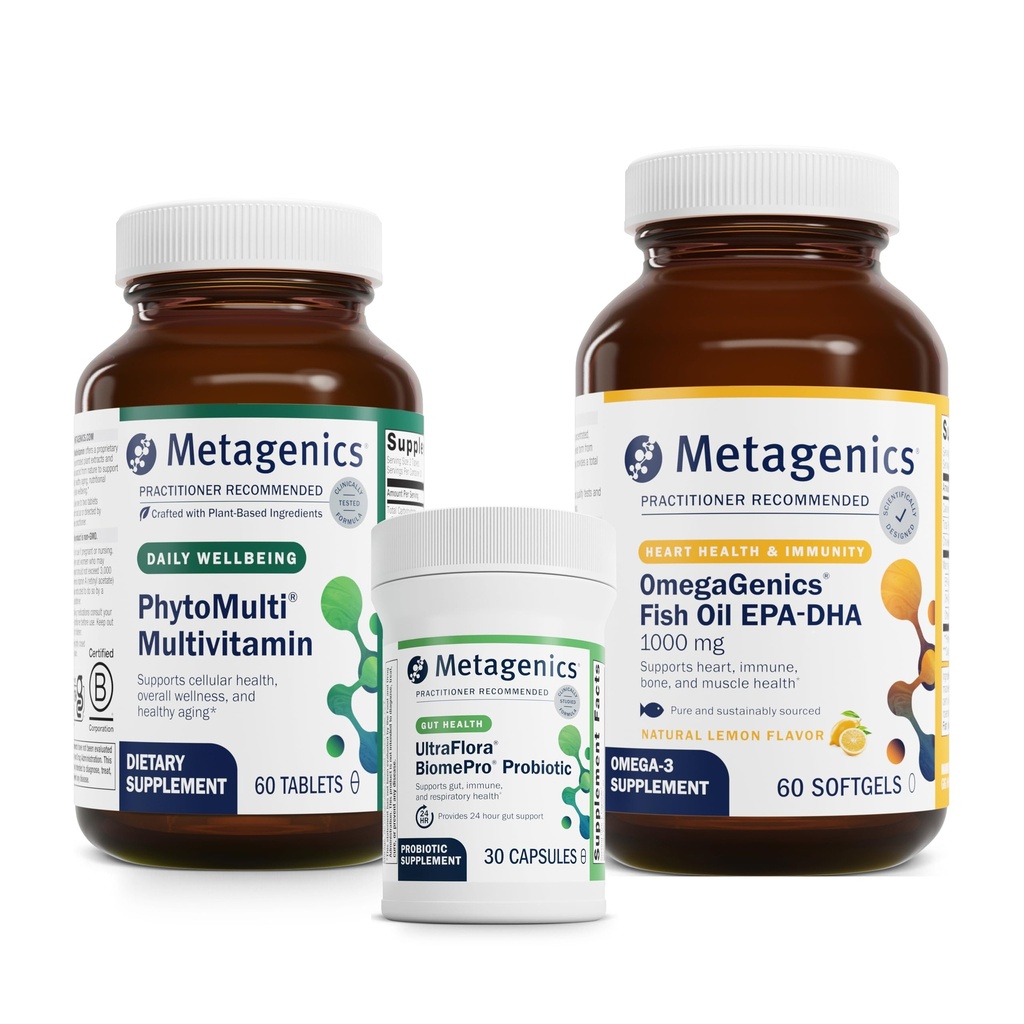 Metagenics PhytoMulti - 60錠、オメガジェニックスEPA-DHA 1000-60ソフトゲル、およびUltraFlora BiomePro - 30カプセル