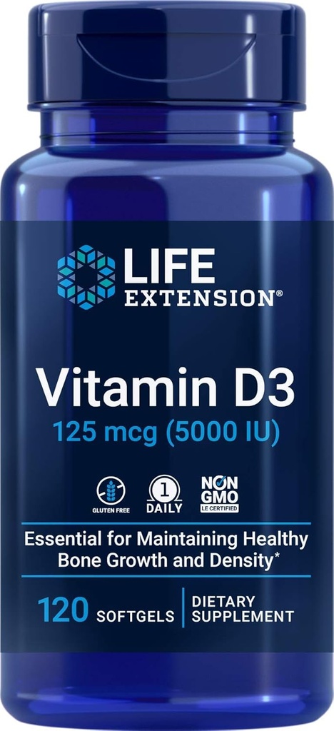 ライフエクステンションビタミンD3 5000 IU、120 Softgels、125mcg
