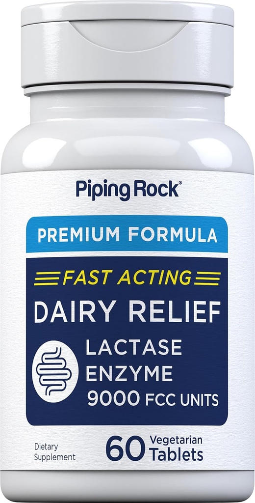 Piping Rock Dairy Relief Pills | 9000 FCC | 60 Tablets | Lactase Enzyme Supplement | Vegetarian, Non-GMO, Gluten Free