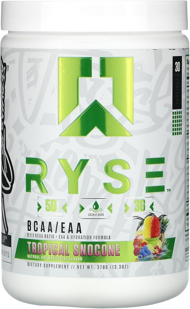 RYSE BCAA EAAパウダー - トロピカルスノコーン - 5g ブランチングチェーンアミノ酸、3g エッセンシャルアミノ、筋肉の回復、耐久性、耐水化および強度のための砂糖フリー電解 - 30 サービング