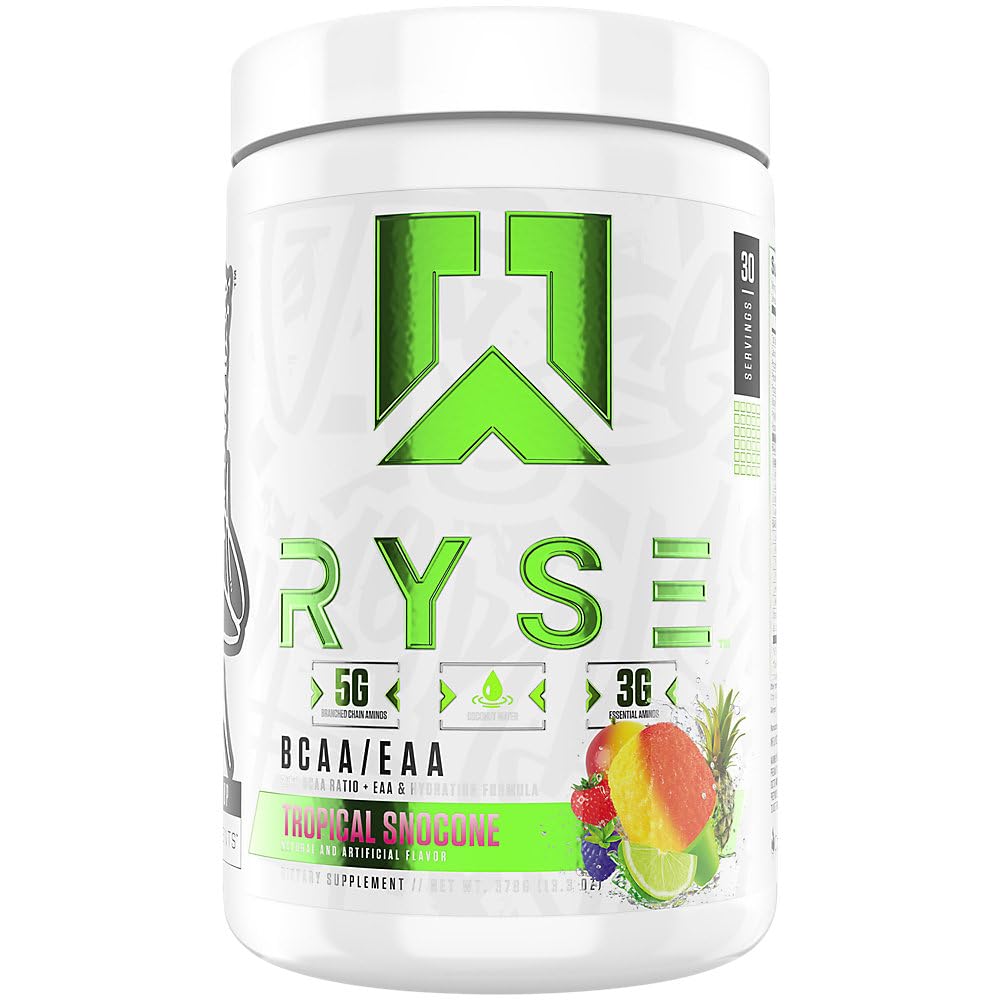 RYSE BCAA EAAパウダー - トロピカルスノコーン - 5g ブランチングチェーンアミノ酸、3g エッセンシャルアミノ、筋肉の回復、耐久性、耐水化および強度のための砂糖フリー電解 - 30 サービング