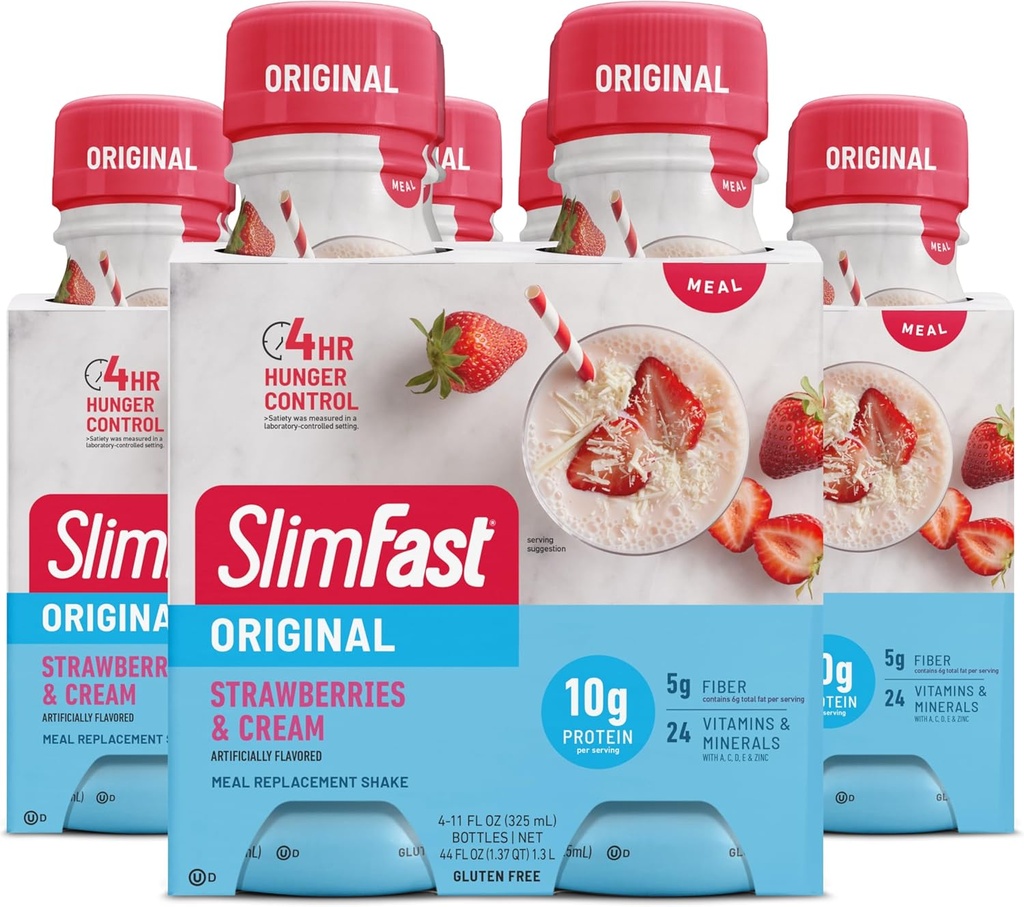 SlimFastミール交換シェイク、元のイチゴ&クリーム、減量のためのプロテインを飲むための準備の10g、11 Fl。 Ozボトル、4カウント(パッケージ3)(5月Vary)