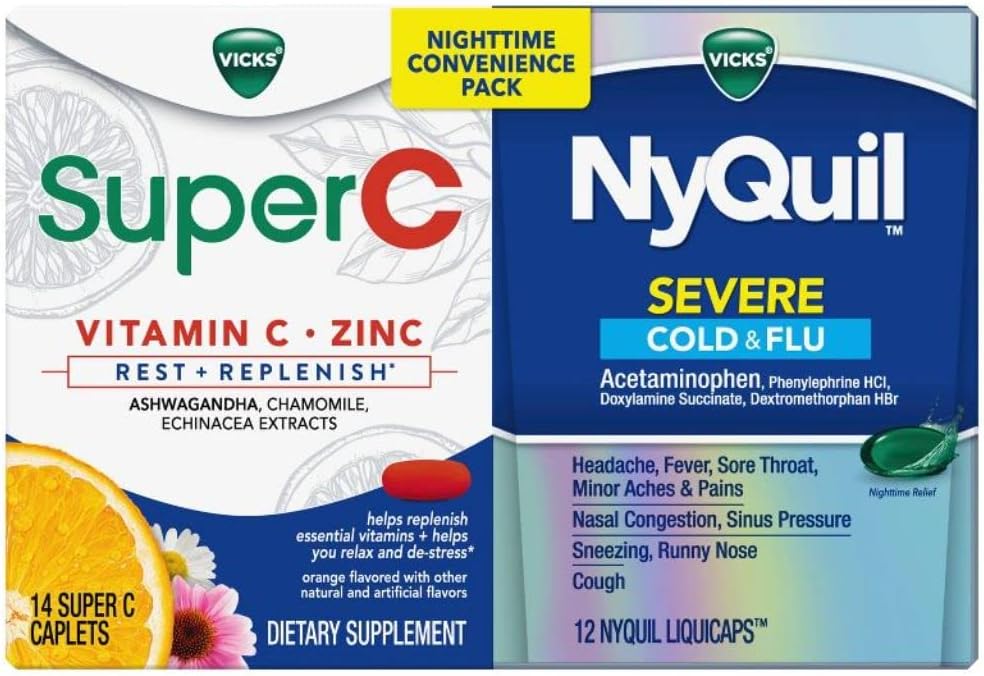 Vicks NyQuil とスーパー C の利便性パック: NyQuil の重度の薬 最高の強度の風邪とフルリリーフ, 便利に Vicks スーパー C レストと補充毎日のサプリメントでパッケージ, 26ct