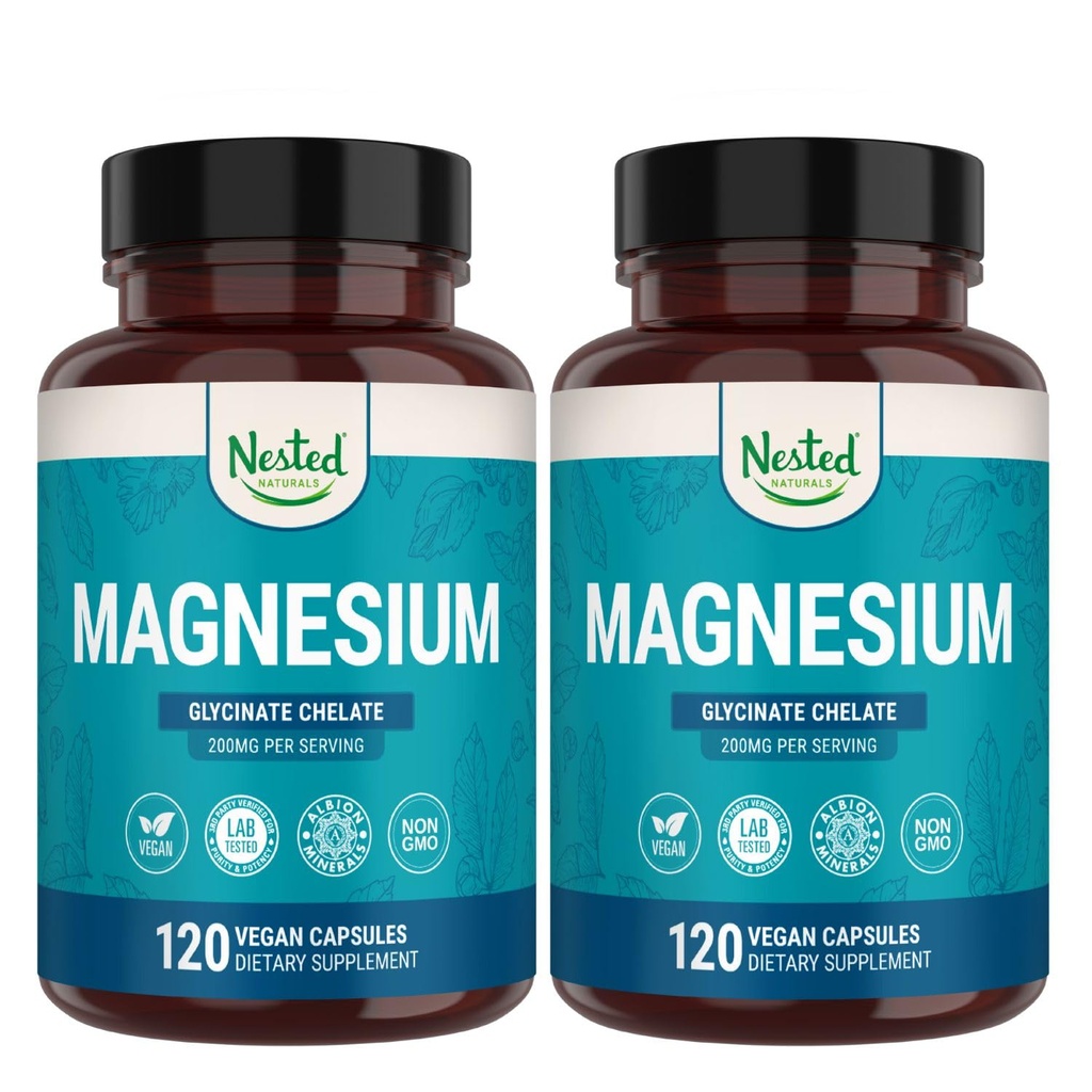 ネストナチュラルズマグネシウムグリシナートキレート - 200mg 筋肉のクランプ、リラクゼーション、および睡眠サポート - 100% Albion TRACCS バッファリングマグネシウムグリシン - 240 ビーガンカプセル