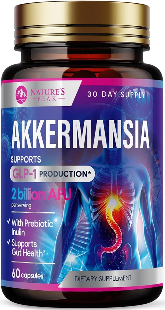 Akkermansia Probiotic Supplement - 2億AFU GLP-1プレバイオティクスファイバーとサプリメント - Akkermansia Muciniphila GLP-1 女性と男性のためのプロバイオティクス - 消化器、ガット&免疫サポート - 60カプセル