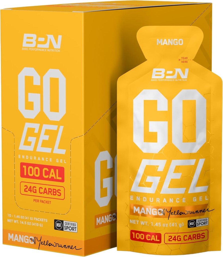 BARE PERFORMANCE NUTRITION, BPN Go Gel Endurance, 炭水化物の24g & 1パックあたりの100カロリー, ビーガン + グルテンフリーランニングゲル, 10 シングルサービングパック, マンゴー