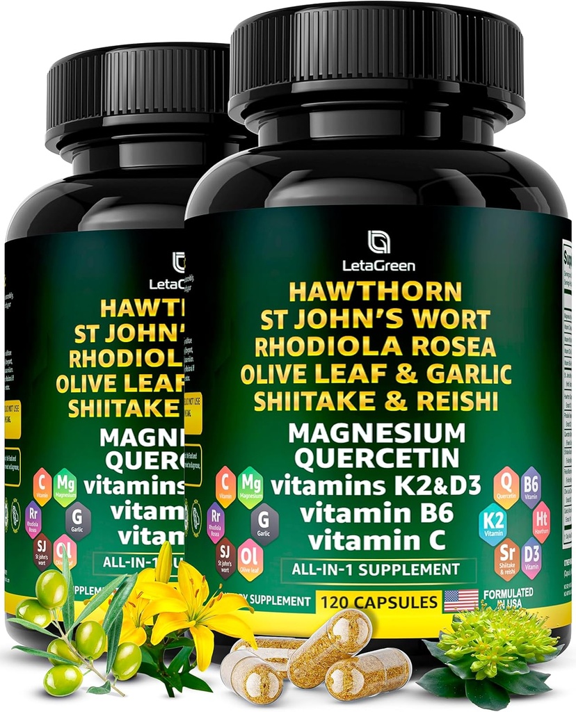 オーガニックホーソーンベリーカプセル - ホーソーンベリーとセントジョンズワートRhodiola Rosea Olive Leaf 椎茸のきのこケルセチン&ビタミンC、D3、K2、B6&マグネシウム(240カウント)
