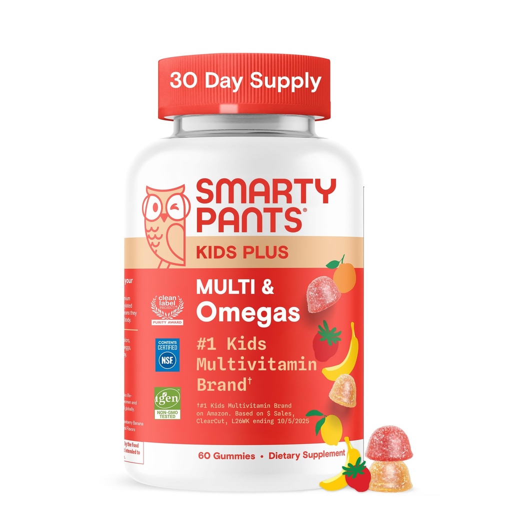 SmartyPantsキッズマルチビタミングミー - 改善された式:オメガ3(DHA/EPA)、ビタミンD3、C、B12、B6、ビタミンA、K&亜鉛、グルテンフリー、3フルーツ味、60カウント(30日供給)