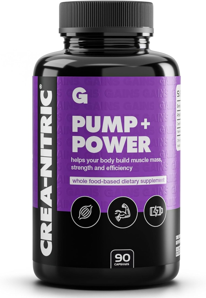 Gains in Bulk Crea-Nitric, Creatine Nitrate Pre Workout Supplement, Nitric Oxide Support, Gluten Free, Promotes Muscle Strength, Pump and Non-Stim Energy, Supplements for Men and Women, 90 Capsules