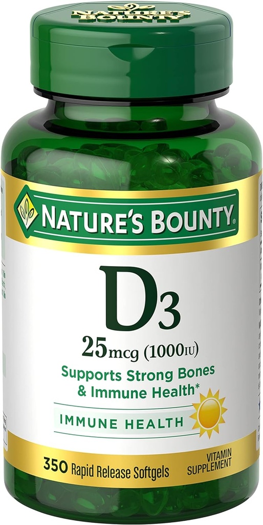 Nature's Bounty Vitamin D3 1000 IU Softgels, 免疫サポート, ヘルシーボンを促進します, 1日あたりのSoftgel, グルテンフリー, 350 カウント
