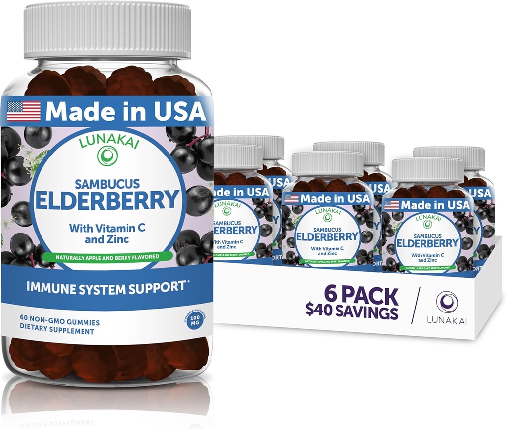 大人のための亜鉛とビタミンCとLunakai Sambucusエルダーベリーグミー - 100mgブラックエルダーベリービタミン免疫サポートサプリメント - ビーガン、非GMO、トウモロコシシロップなし - 6パック