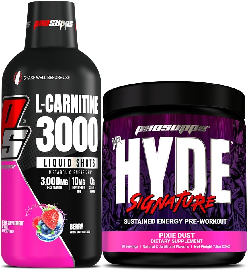 PROSUPPS L-カルニチン3000興奮剤フリー液体ショット(31サービング、ベリー)とハイドシグネチャーシリーズプレワークアウトエナジーパウダードリンク(30サービング、ピクシーダスト)バンドル