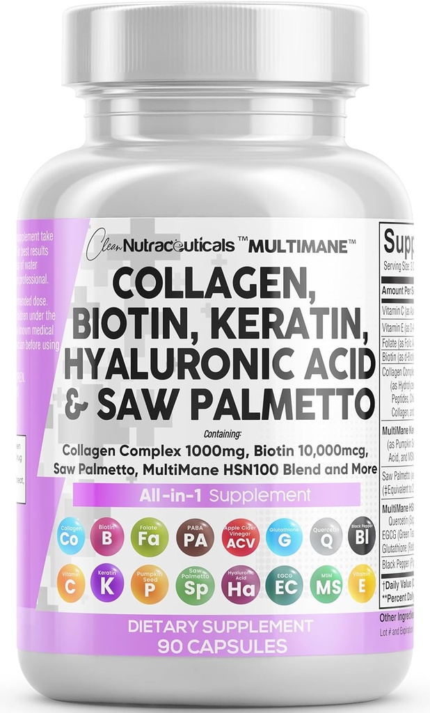 きれいなNutraceuticalsのコラーゲンの丸薬1000mgのBiotin 10000mcgのケラチンはPalettoのHyaluronicの酸-ビタミン及びビタミンEの葉酸のカボチャの種MSM - 90の計算とビタミン及びDHTのブロッカーを見ました